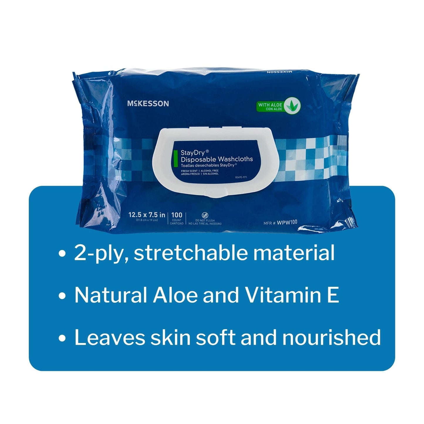 McKesson StayDry Disposable Wipe - Large Adult Body and Incontinence Washcloths with Aloe and Vitamin E, Alcohol-Free, 100 Wipes Per Pack