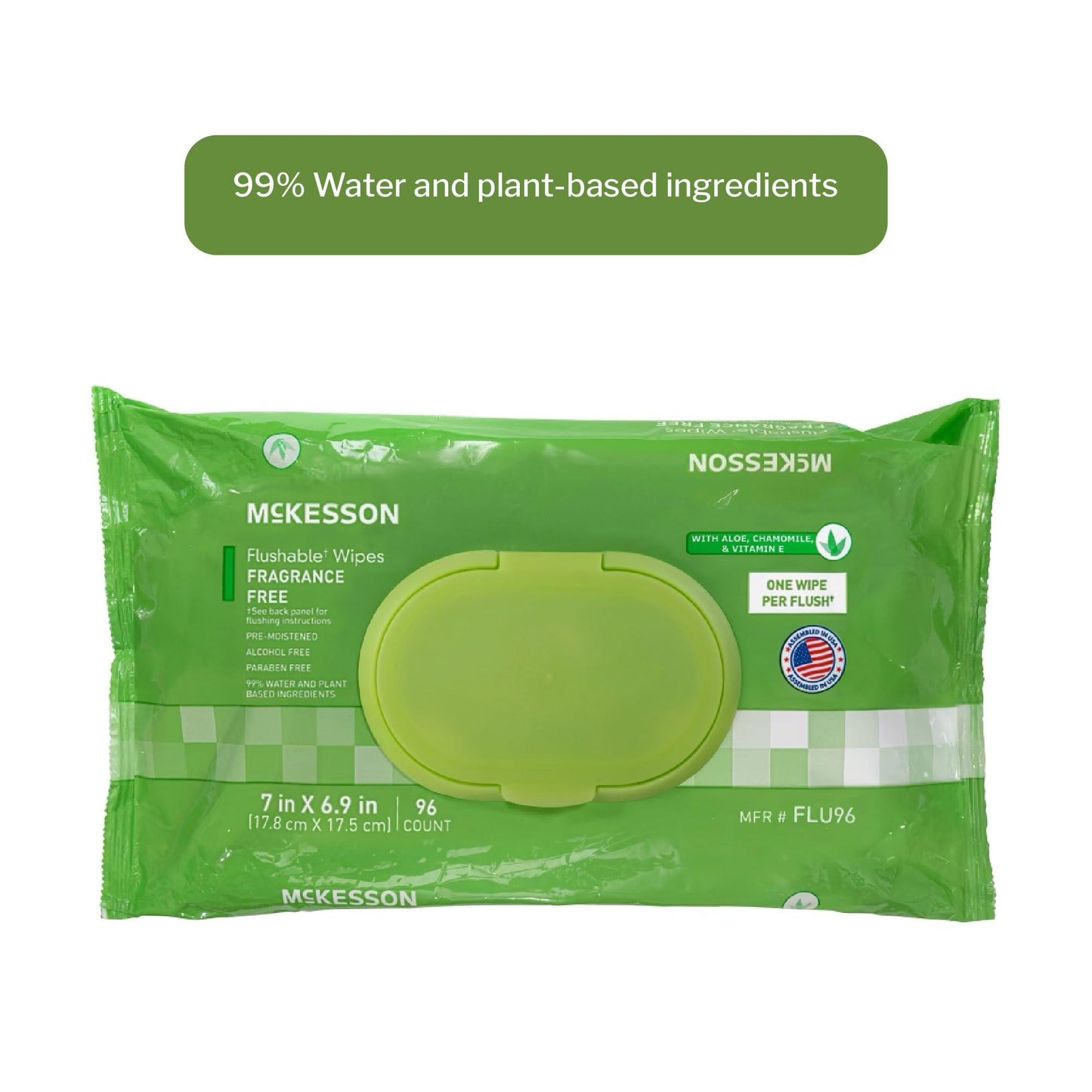 McKesson Flushable* Wet Wipes - Aloe & Vitamin E Formula, Gentle on Skin, Plant-Based Adult Cleansing Wipes - Unscented, 96 Wet Wipes per Pack, 96 Wipes, 1 Pack