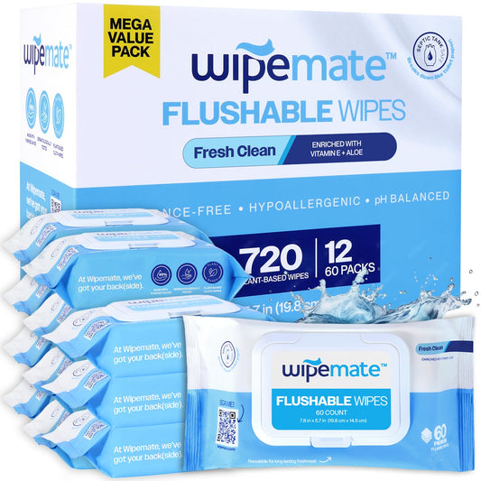 Wipemate 720ct Ultra Flushable Bulk Butt Wipes Soothing Vitamin E & Aloe 99% Water, Fresh Clean Premium Super Soft Hygiene Wipes, Septic & Sewer Safe, 12 Premium Flip-Top Packs, 60 Wipes Per Pack