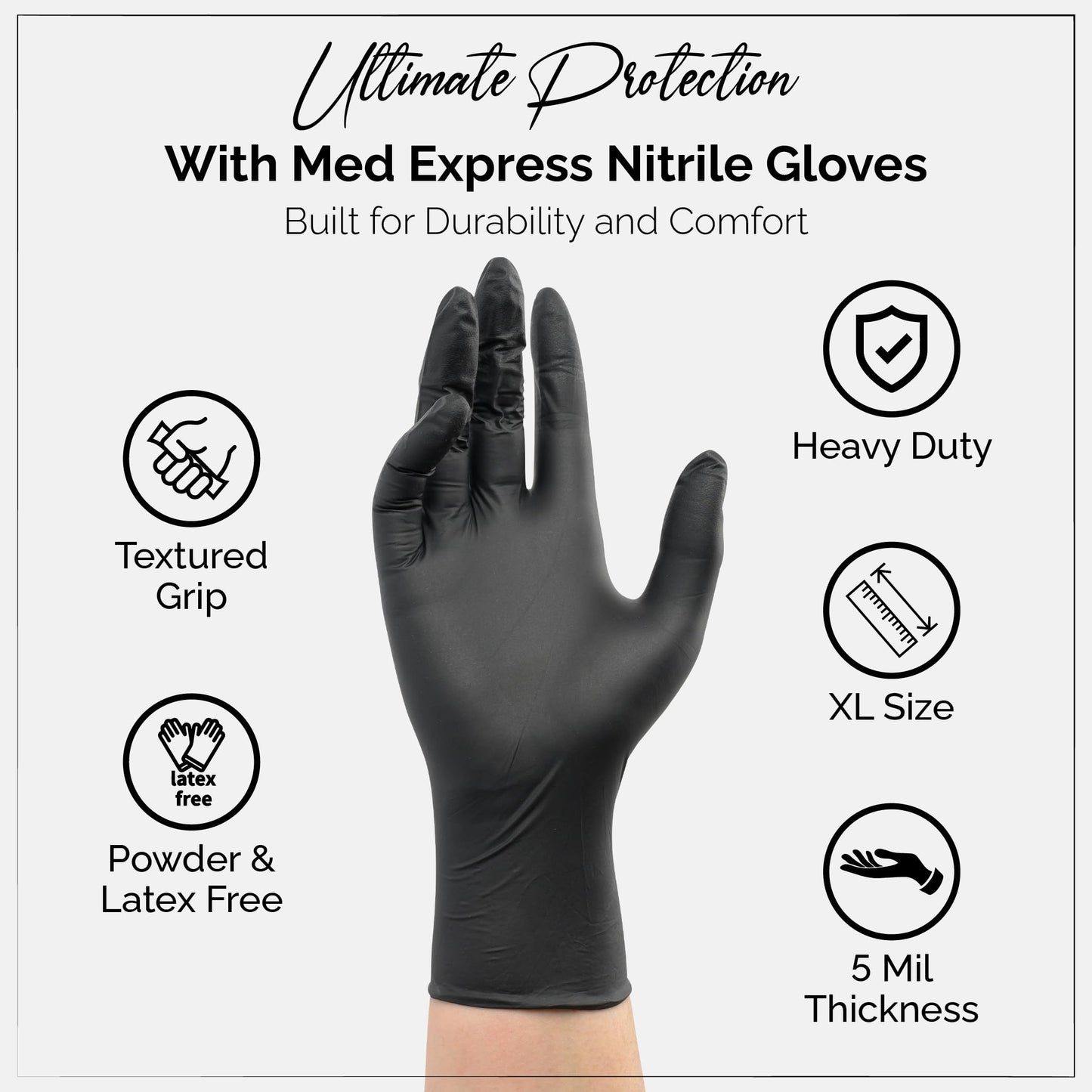 Med Express Nitrile Exam Gloves Black | 5 Mil Thick Nitrile Gloves | Latex-Free, Powder Free | Textured | Heavy Duty Black Nitrile Gloves XL 10 Pack