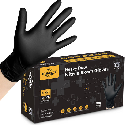 TitanFlex Disposable Nitrile Exam Gloves, 6-mil, Black, Large 100-ct Box, Heavy Duty Disposable Gloves, Cooking Gloves, Mechanic Gloves, Latex Free Gloves, Food Safe Rubber Gloves for Food Prep