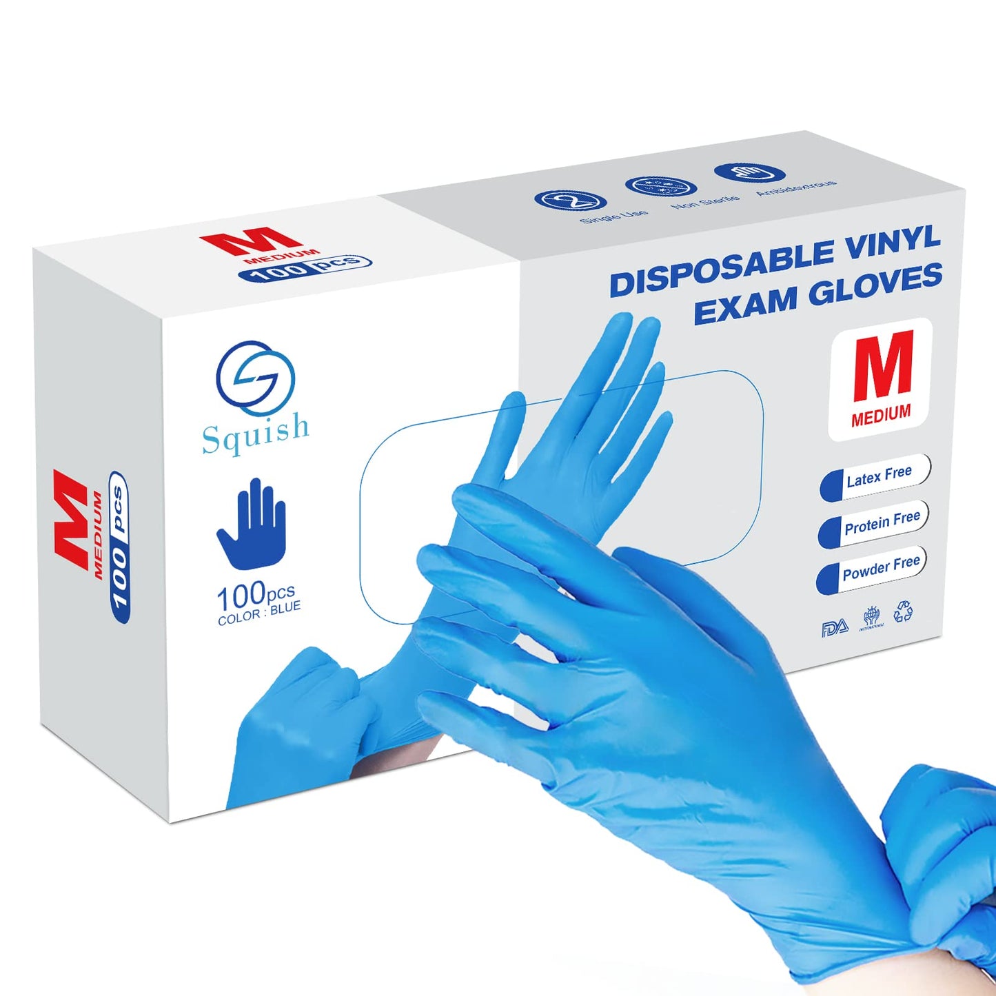 squish Disposable Gloves, Blue Vinyl Synmax Blend Exam Gloves Non Sterile, Powder Free, Latex Free - Cleaning Supplies, Kitchen and Food Safe(Pack of 100) (Blue Medium) ﻿