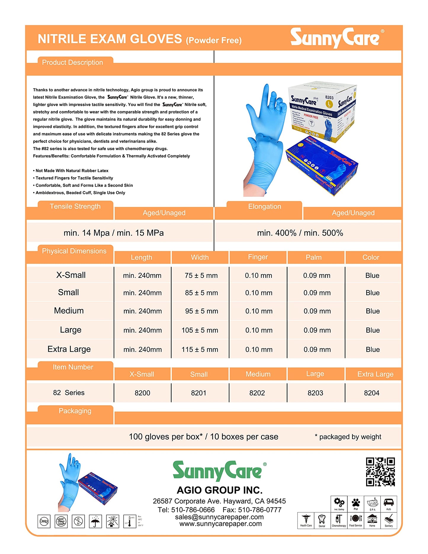 SunnyCare 1000 8203 Blue Nitrile Medical Exam Gloves Powder Free Chemo-Rated (Non Vinyl Latex) 100/box;10boxes/case Size: Large