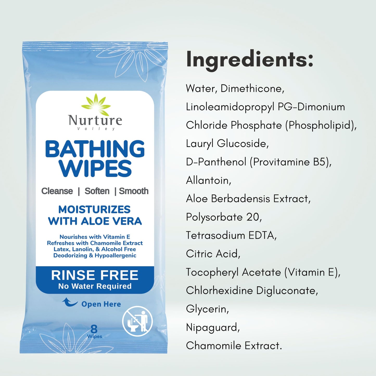 Nurture XL Rinse Free Bathing Wipes for Adults w/Aloe | Waterless Cleansing for sensitive skin | Disposable Adult Body Bath Wet Wipe for Disabled Bedridden | 48 wipes