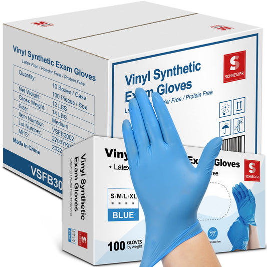 Schneider Blue Vinyl Synthetic Exam Gloves, Small, Case of 1000, 4-mil, Powder-Free, Latex-Free, Non-Sterile, Disposable Gloves