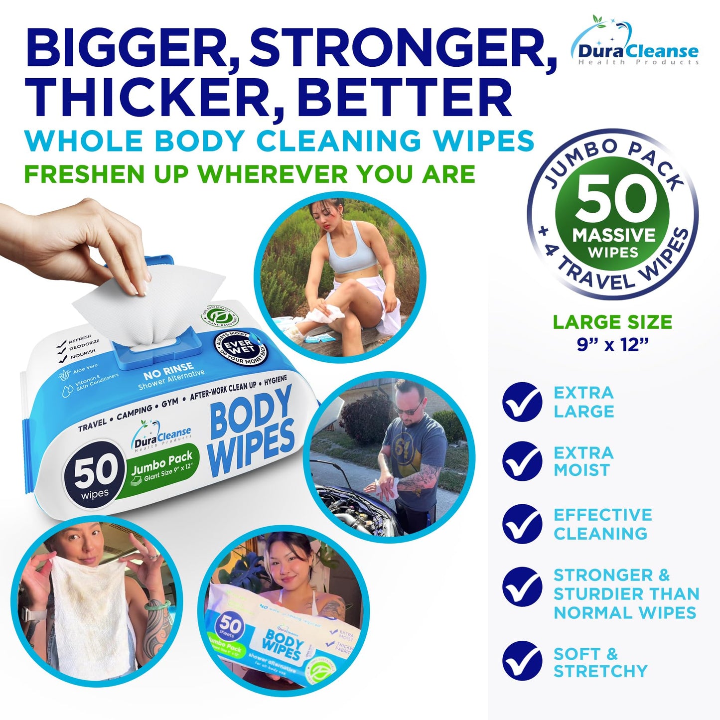 DuraCleanse Body Wipes for Adults Bathing No Rinse (2 Pack) 100 XL Shower Wipes + 8 Travel Bath Wipes - 9" x 12" Extra Thick Adult Disposable Washcloths for Elderly Incontinence & Camping Essentials