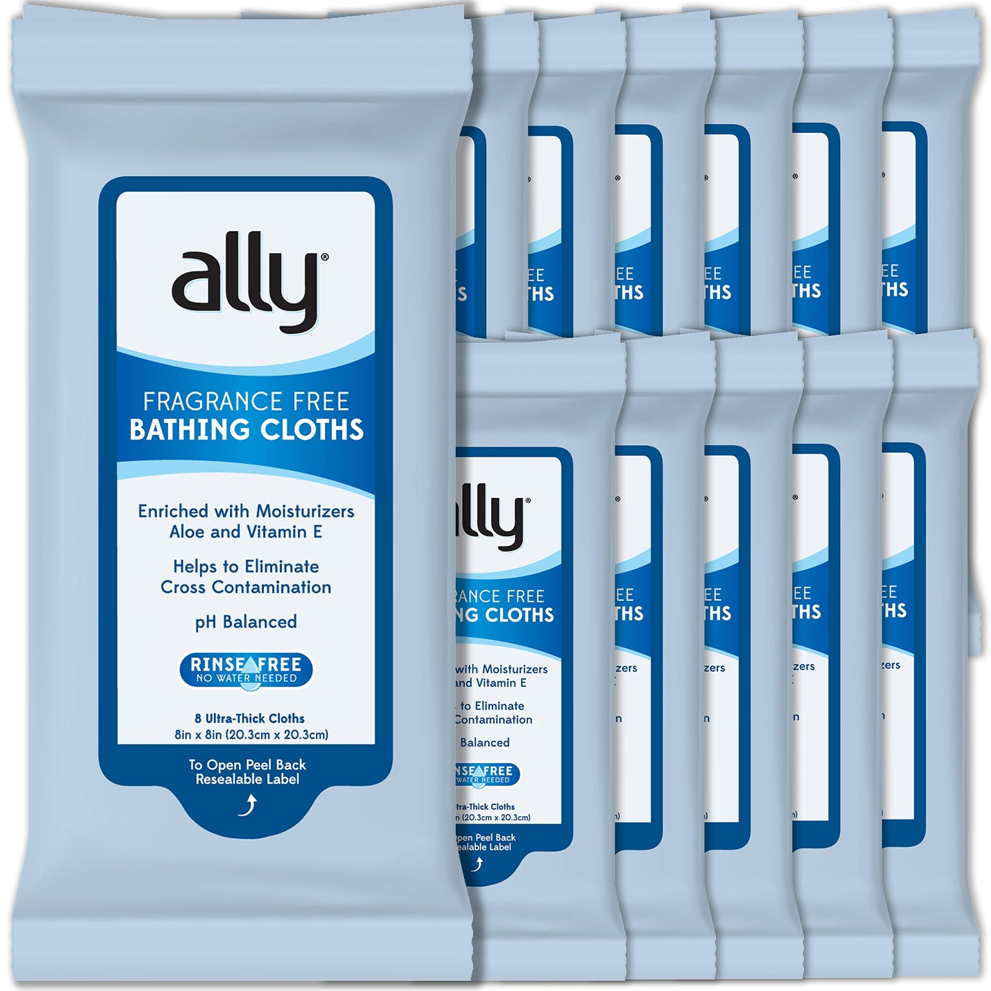 Ally Bathing Cloths – 12 Pack of Fragrance Free Body Wipes for Adults - No Rinse, Ultra-Thick, Disposable Sponge-Bath Wipes – Microwaveable Cleansing Wipes, 96 Count (12 Pk of 8 Wet Wipes)