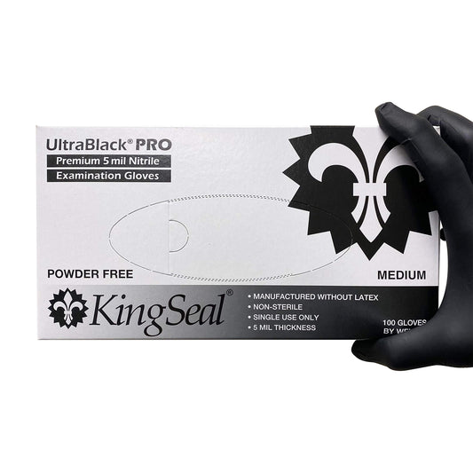 KingSeal UltraBlack-PRO MEDIUM Nitrile Medical Grade Exam Gloves, Black, 5 MIL, Textured Fingertips - 1 Box of 100 Gloves (100 Count)