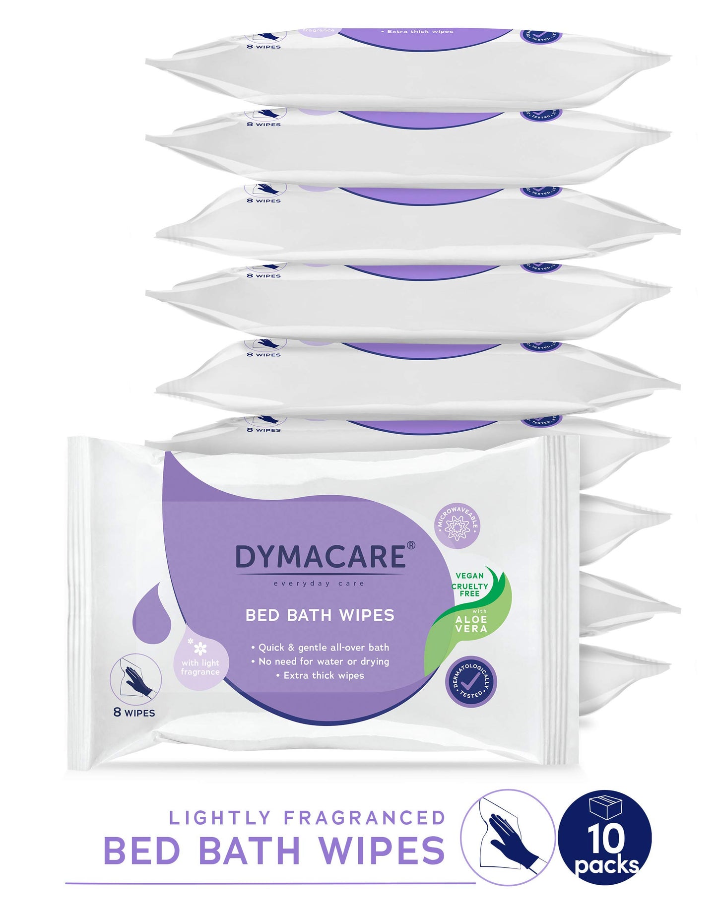 DYMACARE Fragranced Bed Bath Wipes | Rinse-Free Microwaveable Premium Adult Skin Cleansing Wet Wipes | Thick Large Body Wash Cloths | with Aloe Vera | 10 Packs (80 wipes in total)