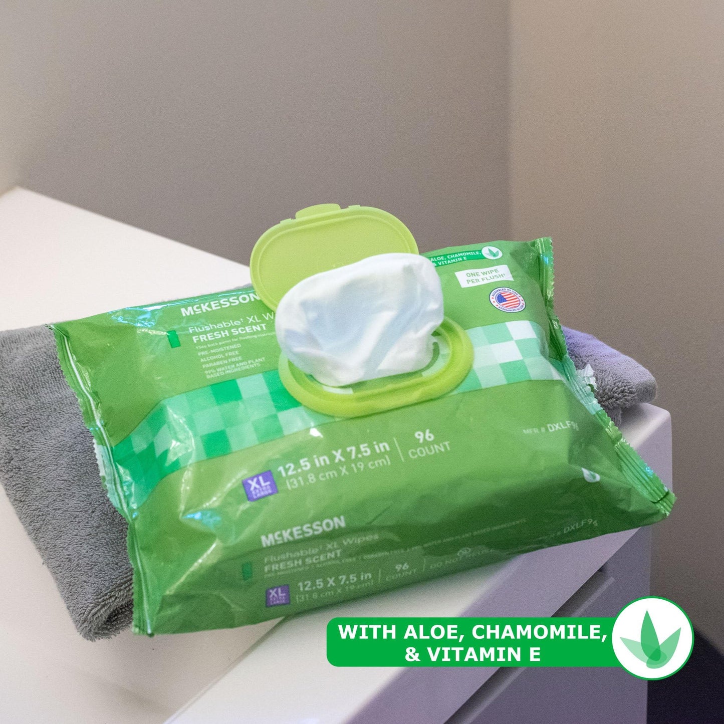 McKesson Flushable* Wet Wipes XL - Aloe & Vitamin E Formula, Gentle on Skin, Plant-Based Adult Cleansing Wipes - Scented, 96 Wet Wipes per Pack, 96 Wipes, 1 Pack