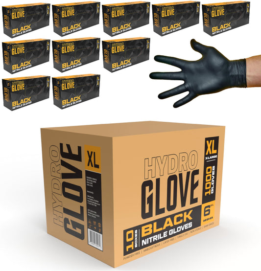 HydroGlove | 5 MIL Black NITRILE Gloves | Case of 1000 | Thick & Durable,Powder Free, Latex-Free (Medium)