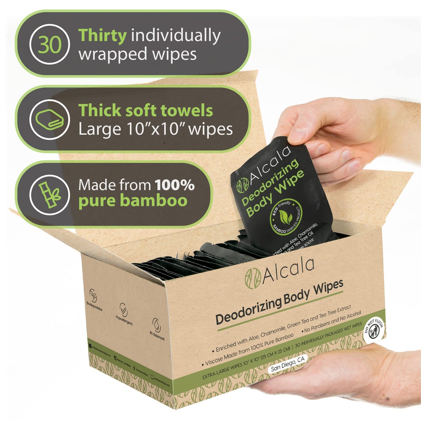 Alcala Deodorizing Body Wipes Individual Shower Wipes 100% Pure Biodegradable Bamboo Wet Wipes with Aloe Tea Tree Adult Body Wipes for Women & Men Ideal for Camping Hiking, Hospitals & Gym (30 Pack)