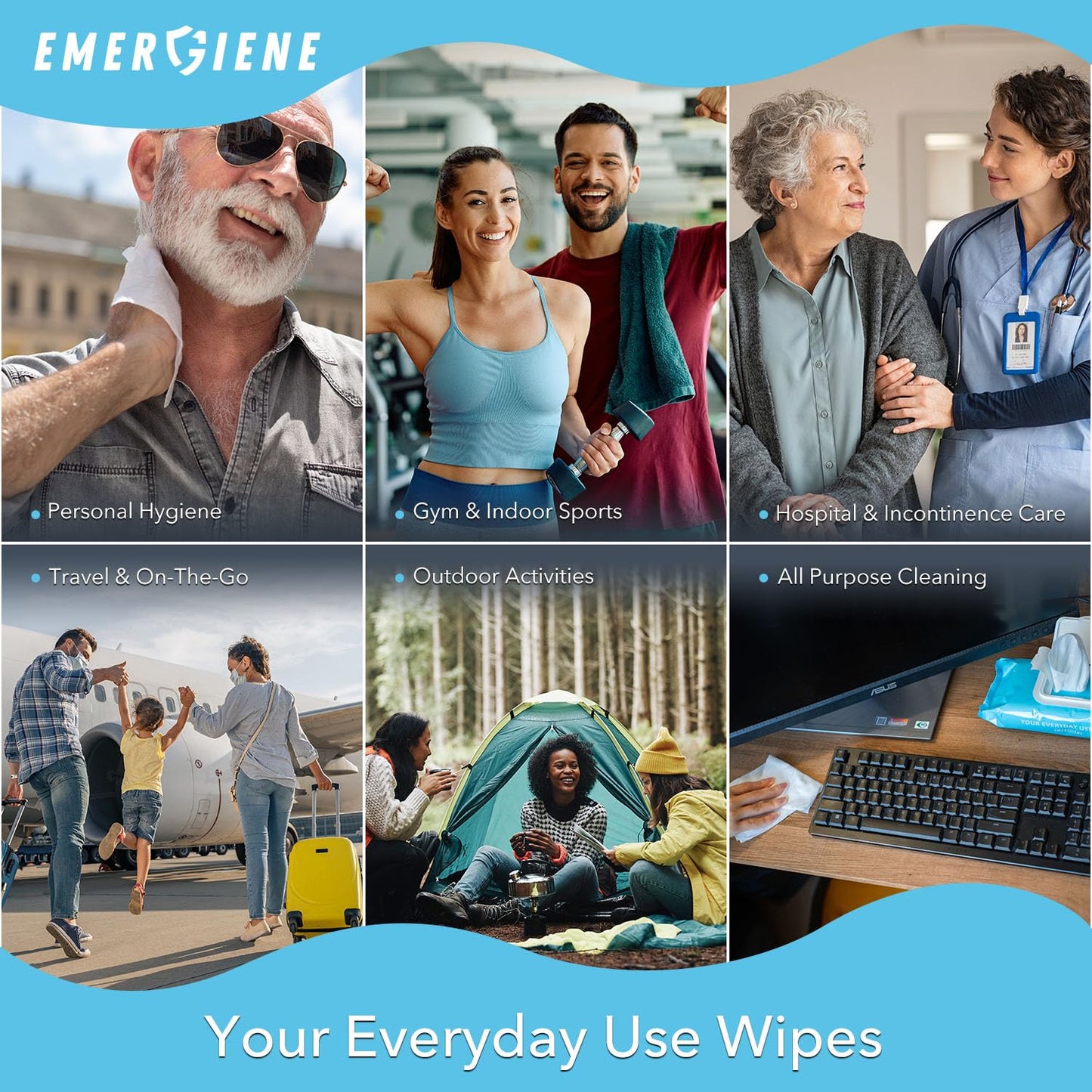 Emergiene Disposable Adult Washcloths Wet Wipes - 300 Count, 6 Packs, Rinse Free, Enriched with Aloe & Vitamin E, Perfect for Home, Clinic & Hospital, Gym, Camping, Outdoor, Incontinence Cleansing