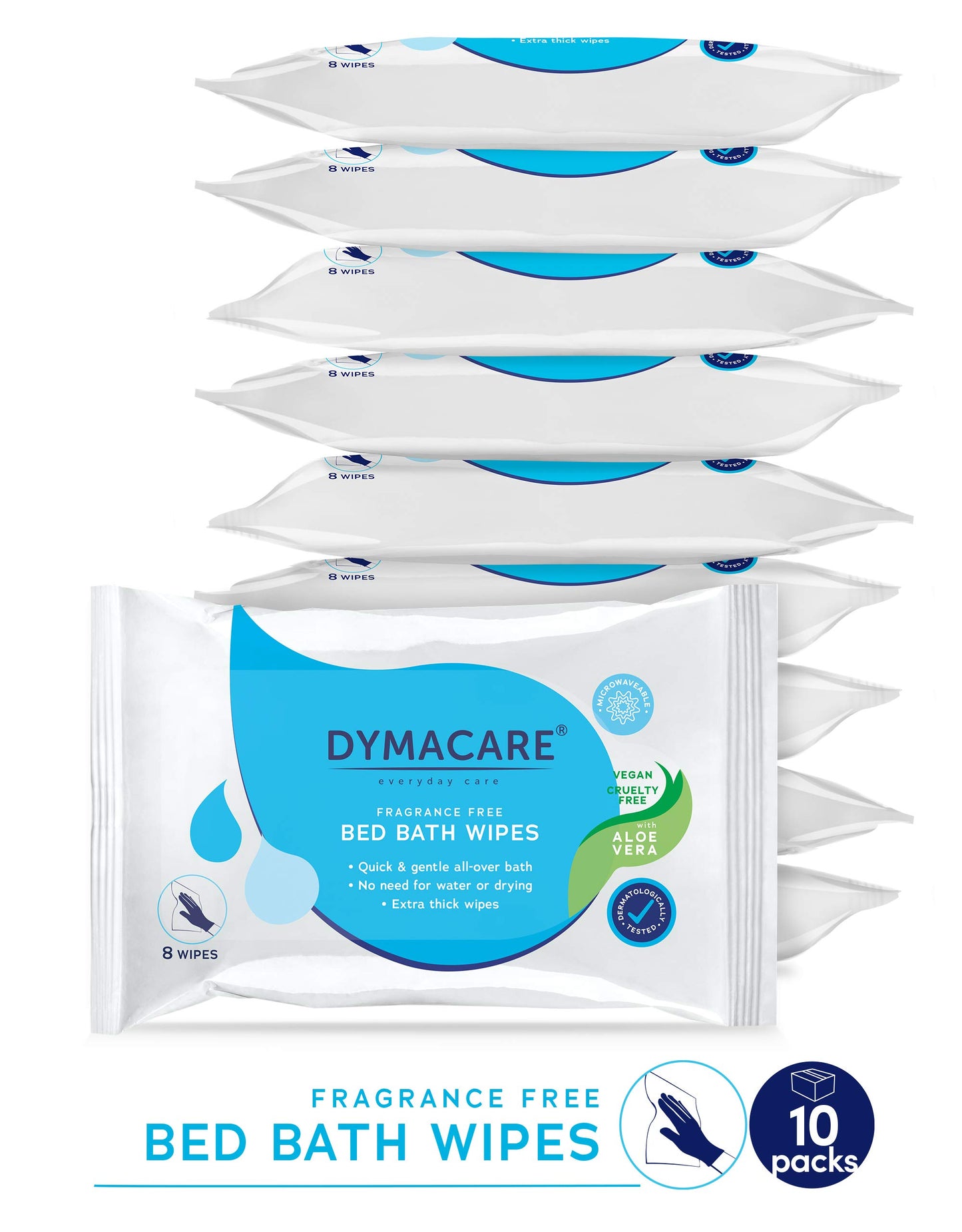 DYMACARE Fragrance-Free Bed Bath Wipes | No Rinse Adult Wash Cloths with Aloe Vera - Rinse Free Cleansing Body Bath Wipes - Latex, Lanolin and Alcohol Free | 10 Packs (80 wipes in total)