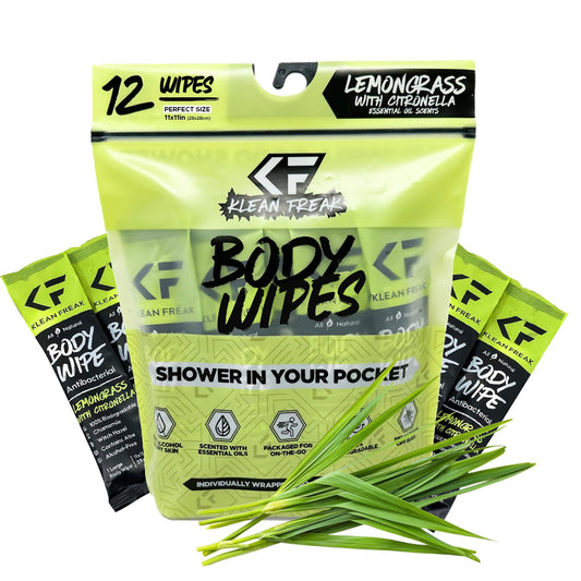 KLEAN FREAK Body Cleansing Wipes - Individual Shower Wipes | Travel, Gym, Camping Wet Wipes for Women & Men | Refreshing No Rinse | Natural Bug Deterrent & Wipe In One | Lemongrass Citronella 12 Pack