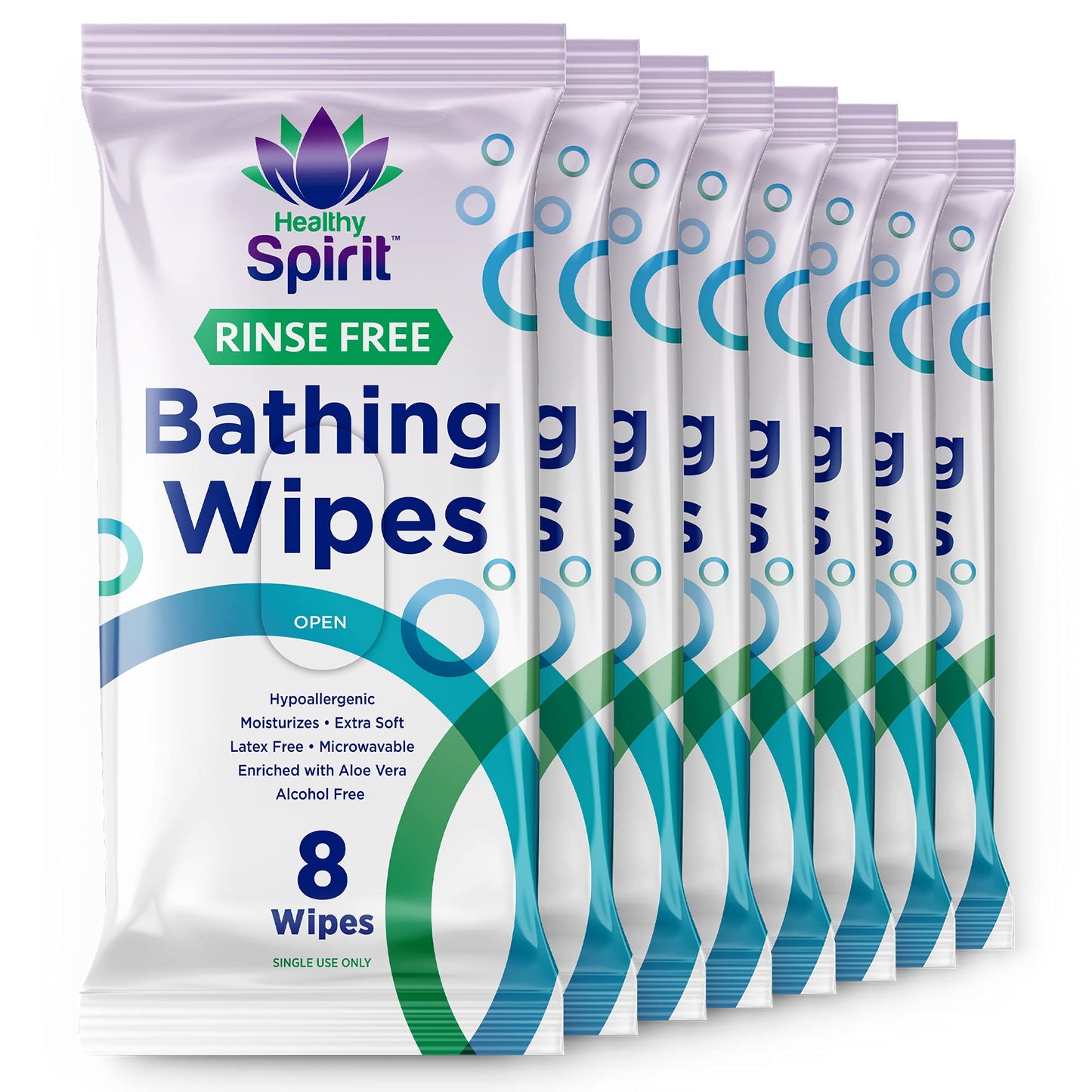 Healthy Spirit Rinse Free Body Bathing Wipes for Adults Microwaveable, White, 64 Count, Pack of 8