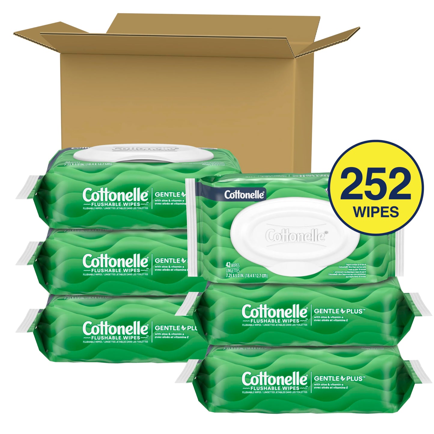 Cottonelle GentlePlus Flushable Wet Wipes with Aloe & Vitamin E, 6 Flip-Top Packs, 42 Wipes Per Pack (252 Total Wipes), Packaging May Vary