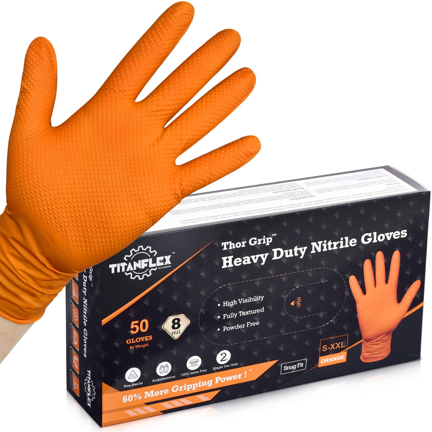 TitanFlex Thor Grip Heavy Duty Industrial Orange Nitrile Gloves, 8-mil, Gloves Disposable Latex Free with Raised Diamond Texture Grip, Powder Free, Rubber Gloves, Mechanic Gloves,50-ct Box (Large)