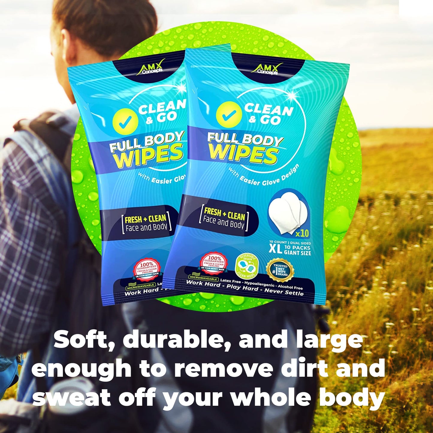 AMX Shower Wipes for Adults - (10 Count) Unique GLOVE DESIGN, No Rinse Body Wipes for Women and Men for After Workout, Camping or Hiking – Extra Large Bath Wipes for Elderly for Rinse Free Sponge Baths – Disposable