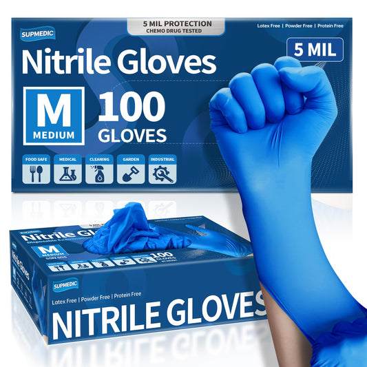 Supmedic Blue Nitrile Exam Gloves, 5 mil Powder-Free Chemo-Rated Food Safe Disposable Medical Glove, 100 Pcs (Medium)