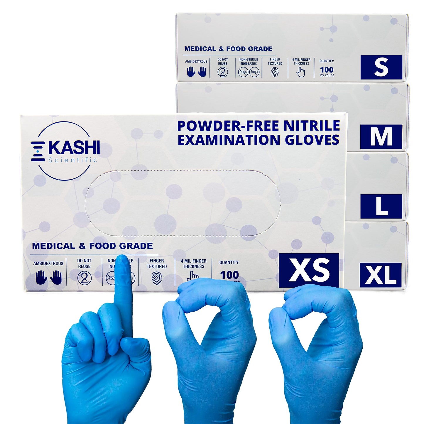 Kashi Scientific Medical Examination Nitrile Gloves - Small - Powder-Free, Latex-Free, Finger Tip Textured Gloves, 4 mil Thick Blue Glove, Patient Safe, Food Safe - Box of 100 Nitrile Exam Gloves