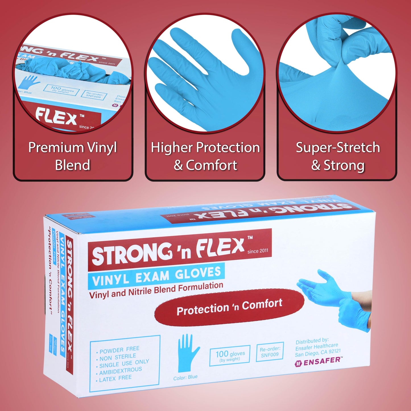 STRONG 'n FLEX Box of XL Vinyl-Nitrile Exam Gloves, 100 ambidextrous gloves