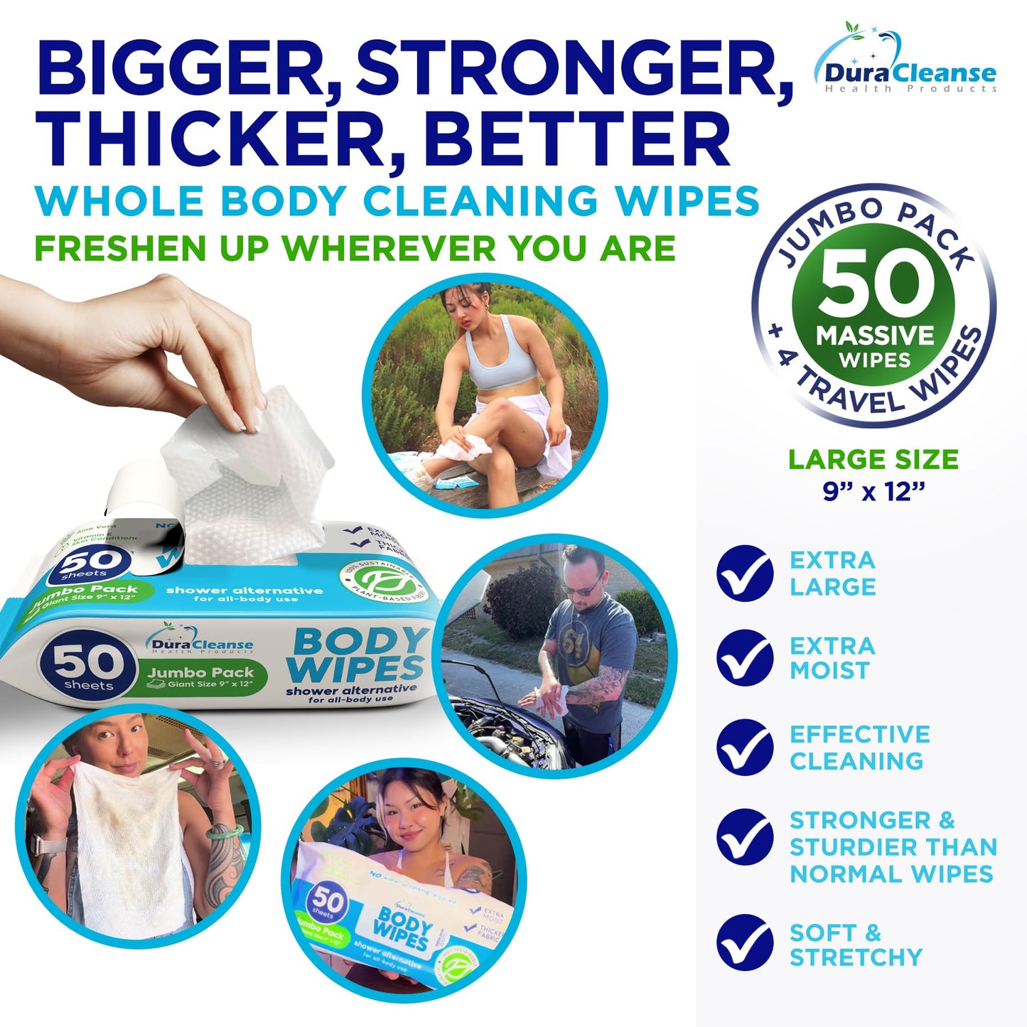 XL Body Wipes for Adults Bathing No Rinse - 50 Ct. + 4 Travel Shower Wipes - 9"x12" Thick Cleansing Bath Wash Wipes for Elderly Incontinence - Disposable Washcloths, Camping Essentials for Women & Men