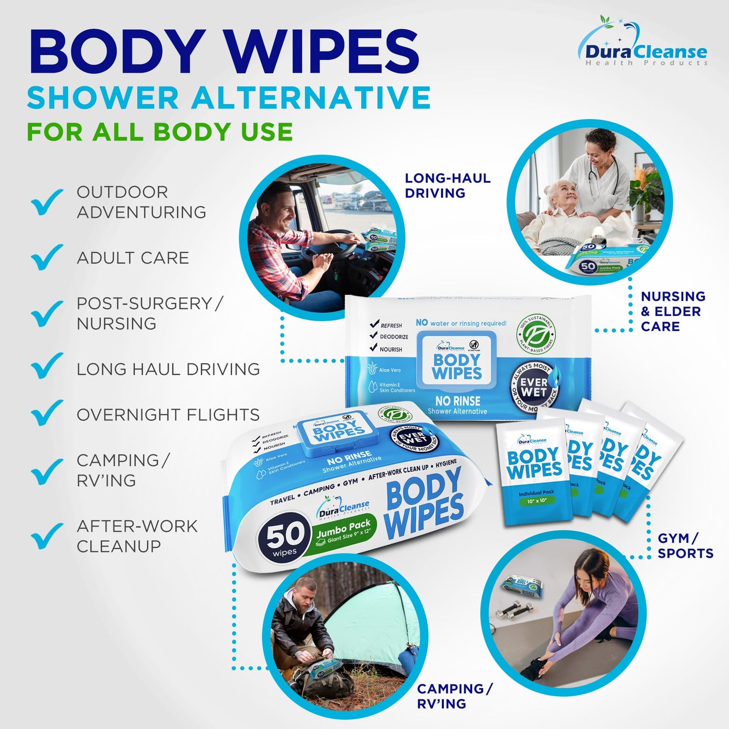 XL Body Wipes for Adults Bathing No Rinse - 50 Ct. + 4 Travel Shower Wipes - 9"x12" Thick Cleansing Bath Wash Wipes for Elderly Incontinence - Disposable Washcloths, Camping Essentials for Women & Men