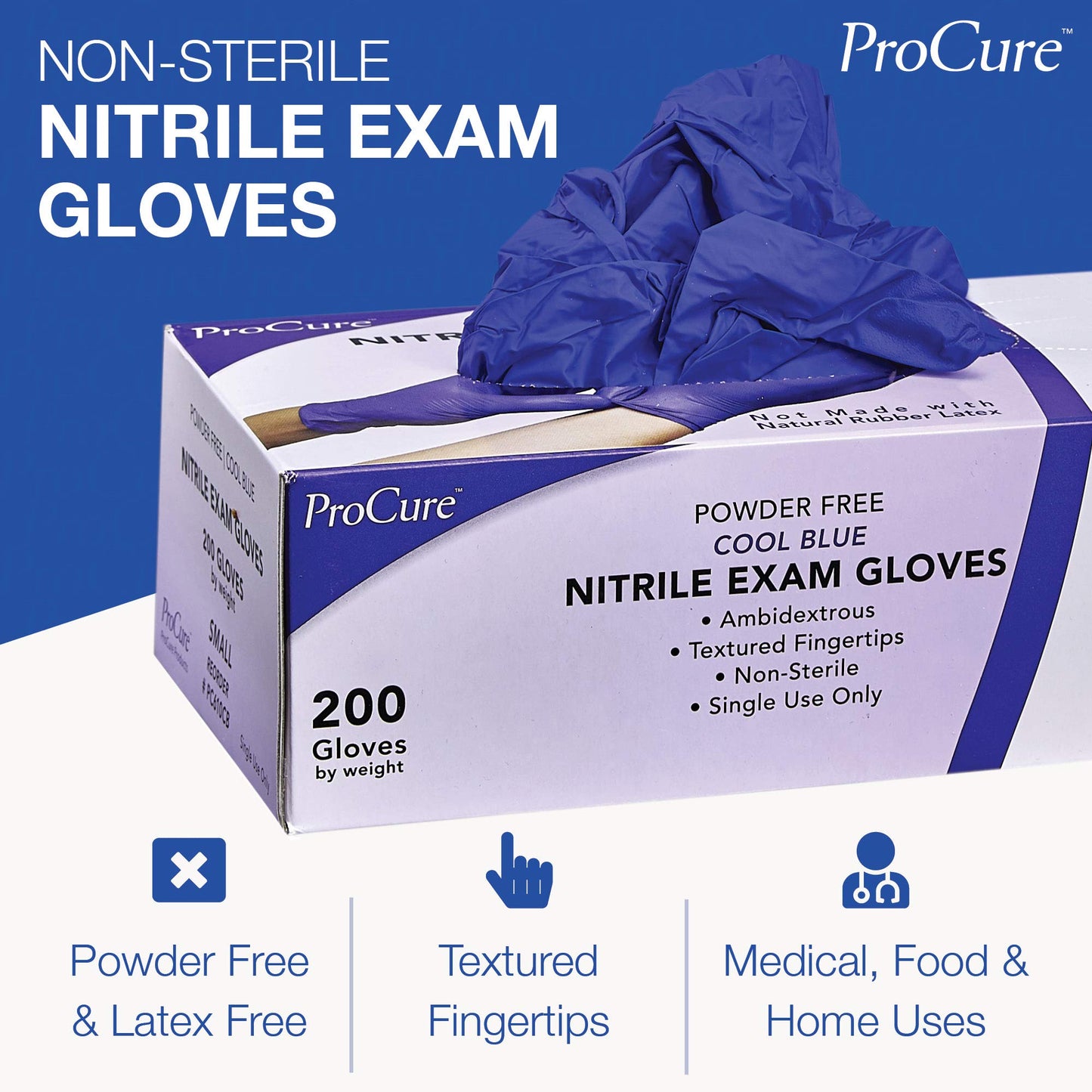 ProCure [200 Count Disposable Nitrile Gloves Large - Powder Free, Rubber Latex Free, Medical Exam Grade, Non Sterile, Ambidextrous - Soft with Textured Tips - Cool Blue