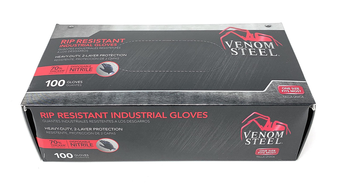 Venom Steel Industrial Nitrile Gloves, 6 mil, 2 Layer Rip Resistant, One Size Fits Most, 100 Count