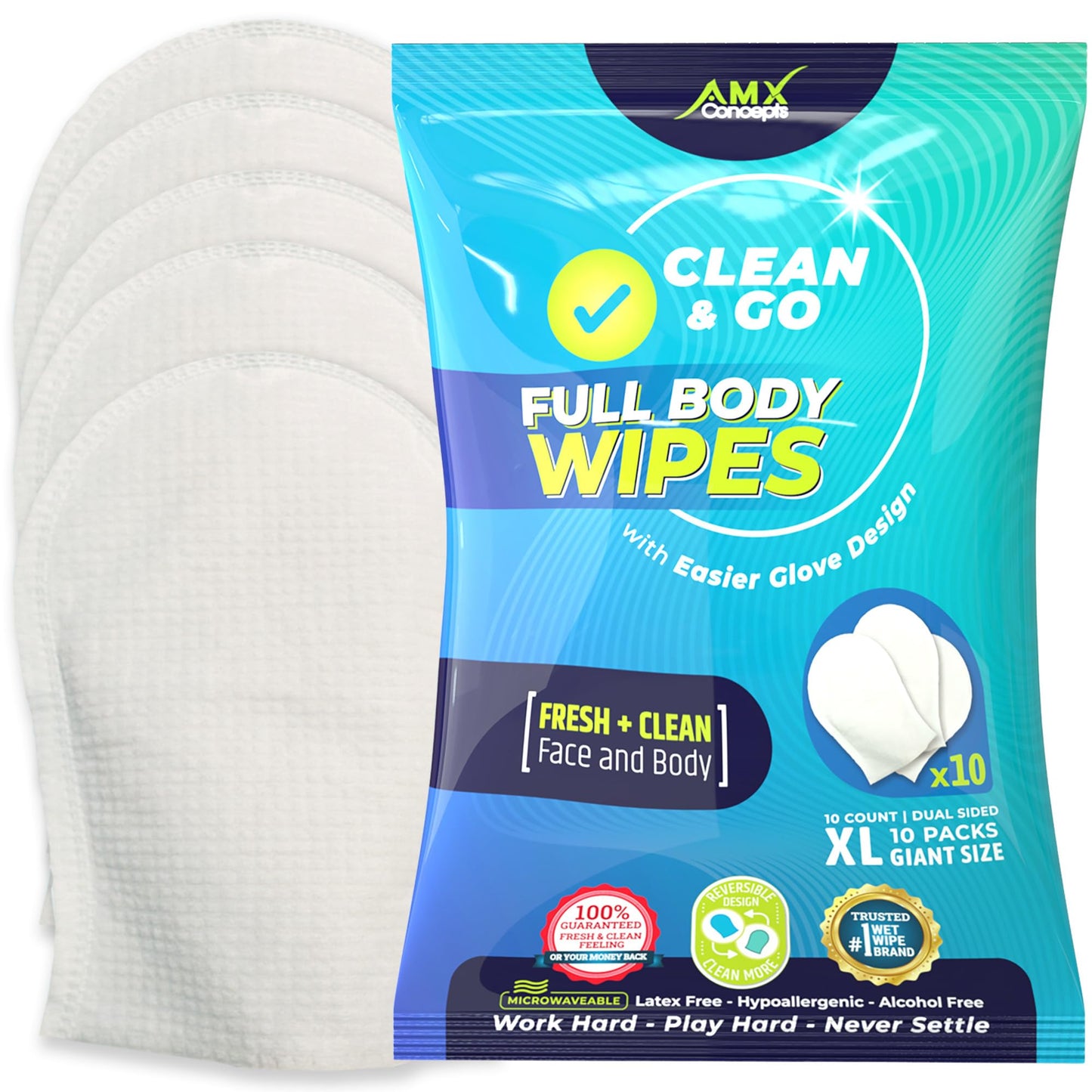 AMX Body Wipes - (10 Count) No Rinse Bathing Wipes for Elderly, Post Surgery, Bedridden, and Disabled Adults – XL Shower Wipes for Sponge Baths – Convenient, Disposable Glove Design, Used in Hospitals