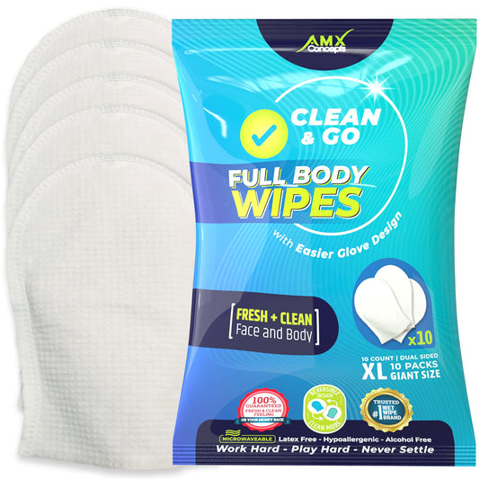 AMX Body Wipes - (10 Count) No Rinse Bathing Wipes for Elderly, Post Surgery, Bedridden, and Disabled Adults – XL Shower Wipes for Sponge Baths – Convenient, Disposable Glove Design, Used in Hospitals