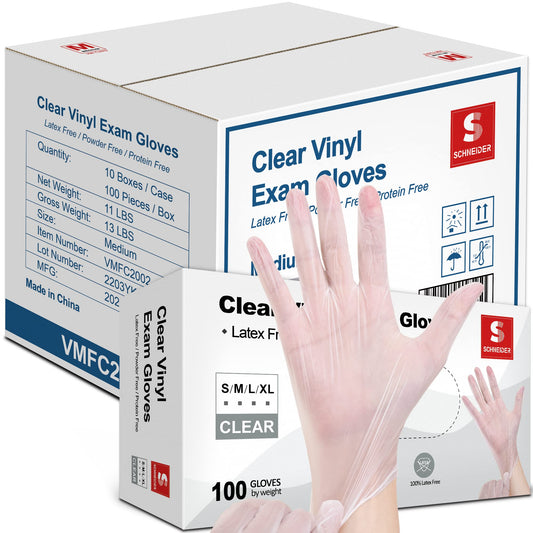 Schneider Clear Vinyl Exam Gloves, 4-mil, Large 1000-ct Case, Latex-Free, Disposable Gloves, Medical Gloves, Cleaning Gloves, Food Prep Gloves, Food Safe Rubber Gloves, Powder-Free, Non-Sterile