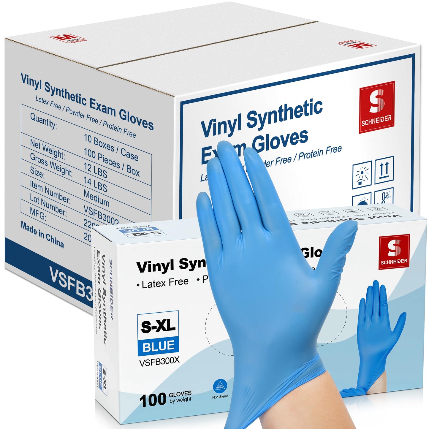 Schneider Blue Vinyl Synthetic Exam Gloves, Large, Case of 1000, 4-mil, Powder-Free, Latex-Free, Non-Sterile, Disposable Gloves