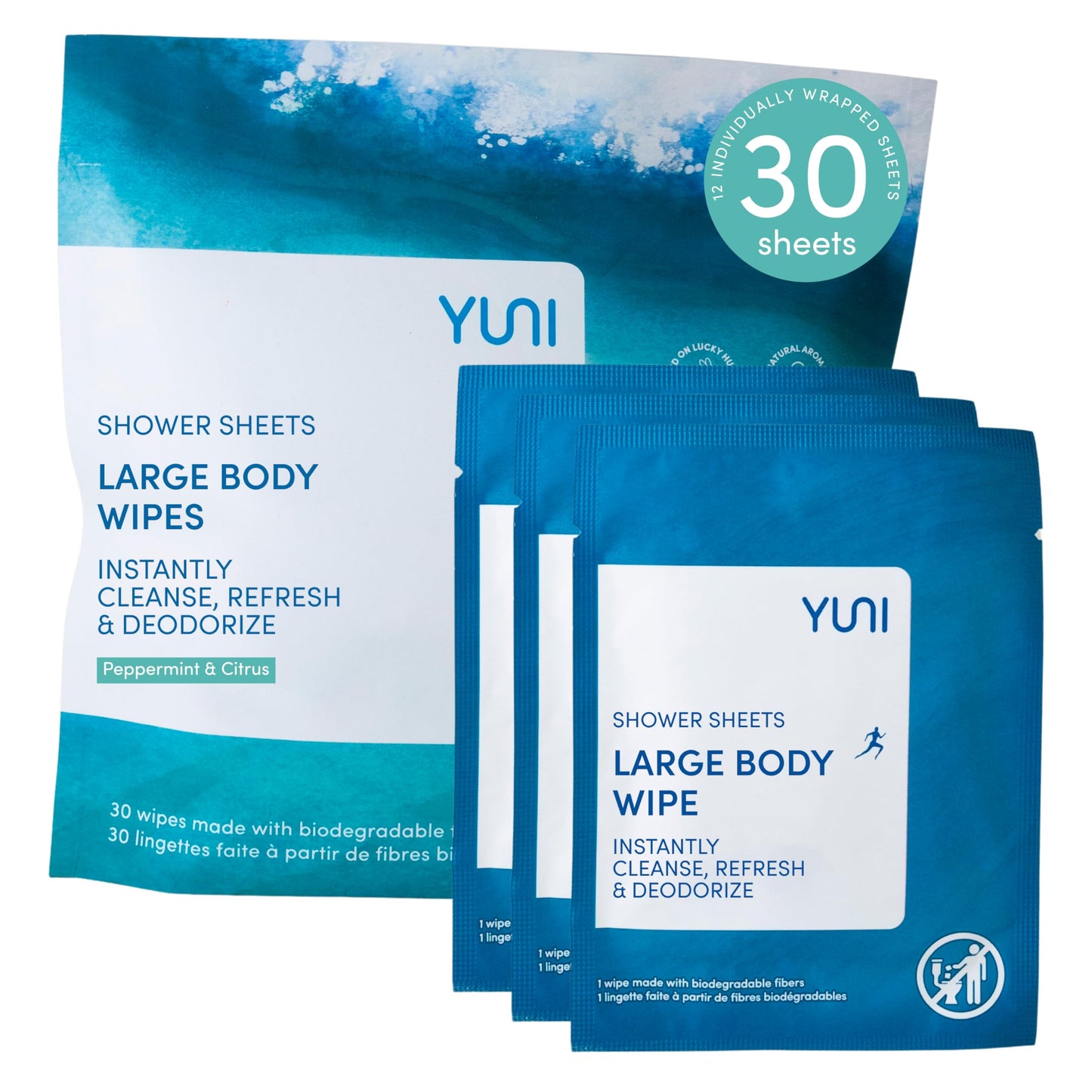 YUNI Beauty Large Body Wipes (Peppermint Citrus, 30 Count) Super Soft Moist Showerless Wipes that Cleanse & Deodorize - On-the-Go No Rinse Body Cleanser - Biodegradable Individually Wrapped