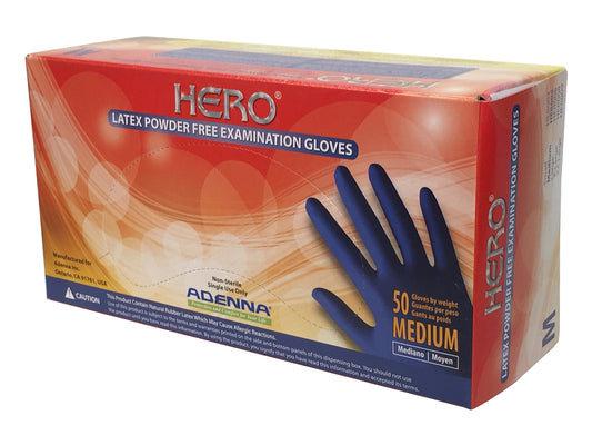 Adenna HER005 Hero 14 mil Powder-Free Latex Gloves, Extended Cuff, Medical Grade, Blue, Medium, Box of 50