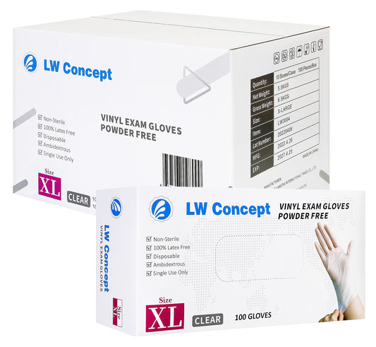 LW Concept Clear Vinyl Exam Gloves for Medical/Food Safe/Cleaning/Handling Use Multipurpose Latex & Powder Free, 3.5 mil (LW3004, X-Large, Case of 1000)