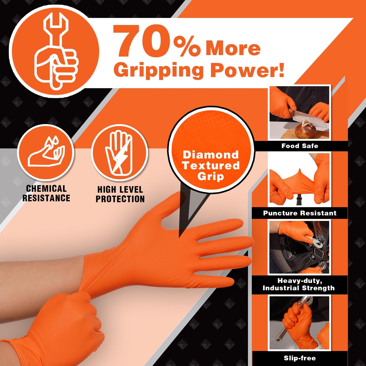 MEDPRAYER Industrial Orange Nitrile Gloves – Disposable Rubber Gloves 8 Mil – Raised Diamond Texture, Latex & Powder Free - Size XL, Pack of 100