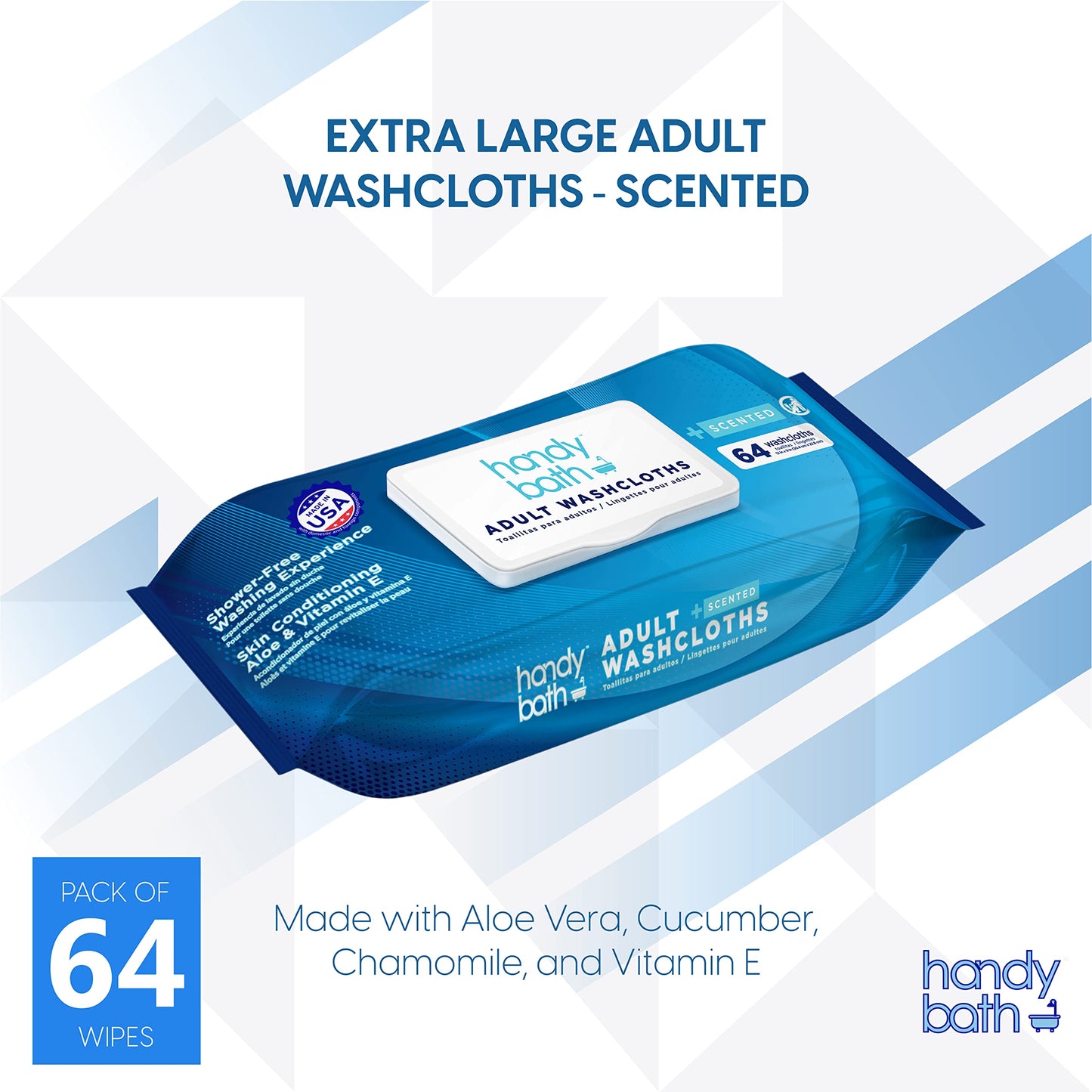 HandyBath Adult Wet Wipes Scented, Extra Large Cleaning Wipes with Aloe Vera & Chamomile, 64 Wipes - Senior Care, Outdoor Activities, Travel Essentials