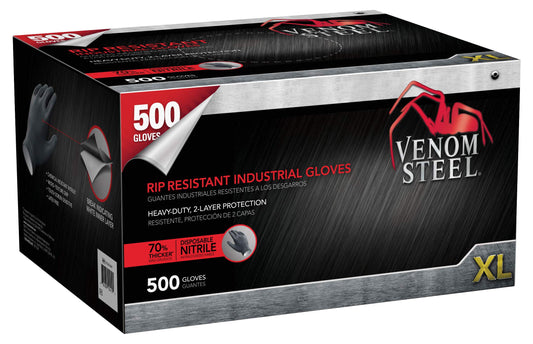 Venom Steel VEN6544 Nitrile Gloves, Rip Resistant Disposable Latex Free Black Gloves, 2 Layer Gloves, 6 mil Thick, X-Large (Pack of 500)