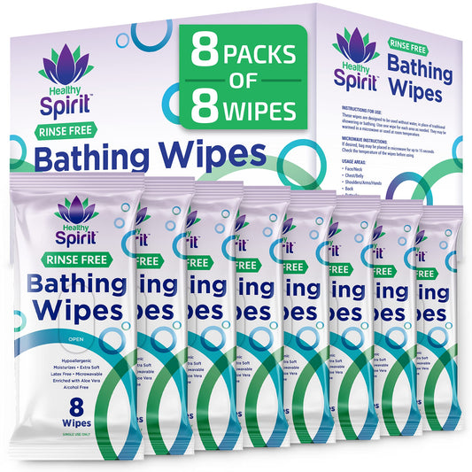 Healthy Spirit Rinse Free Body Bathing Wipes for Adults Microwaveable, White, 64 Count, Pack of 8