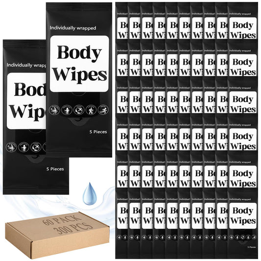 Threlaco 300 Pcs 60 Pack Body Wipes for Adults Bathing No Rinse Individually Wrapped Shower Wipes Washcloth with Aloe Cleansing Body Wash Cloths Disposable Cleansing Wipes(Black Background)