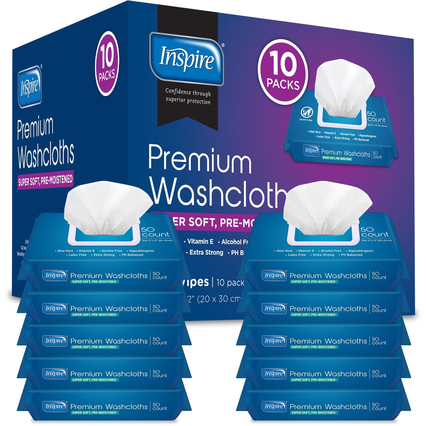 Inspire Adult Wet Wipes, Adult Wash Cloths, Adult Wipes for Incontinence & Cleansing for Elderly, 8"x12" (500CT (10 PACKS OF 50))