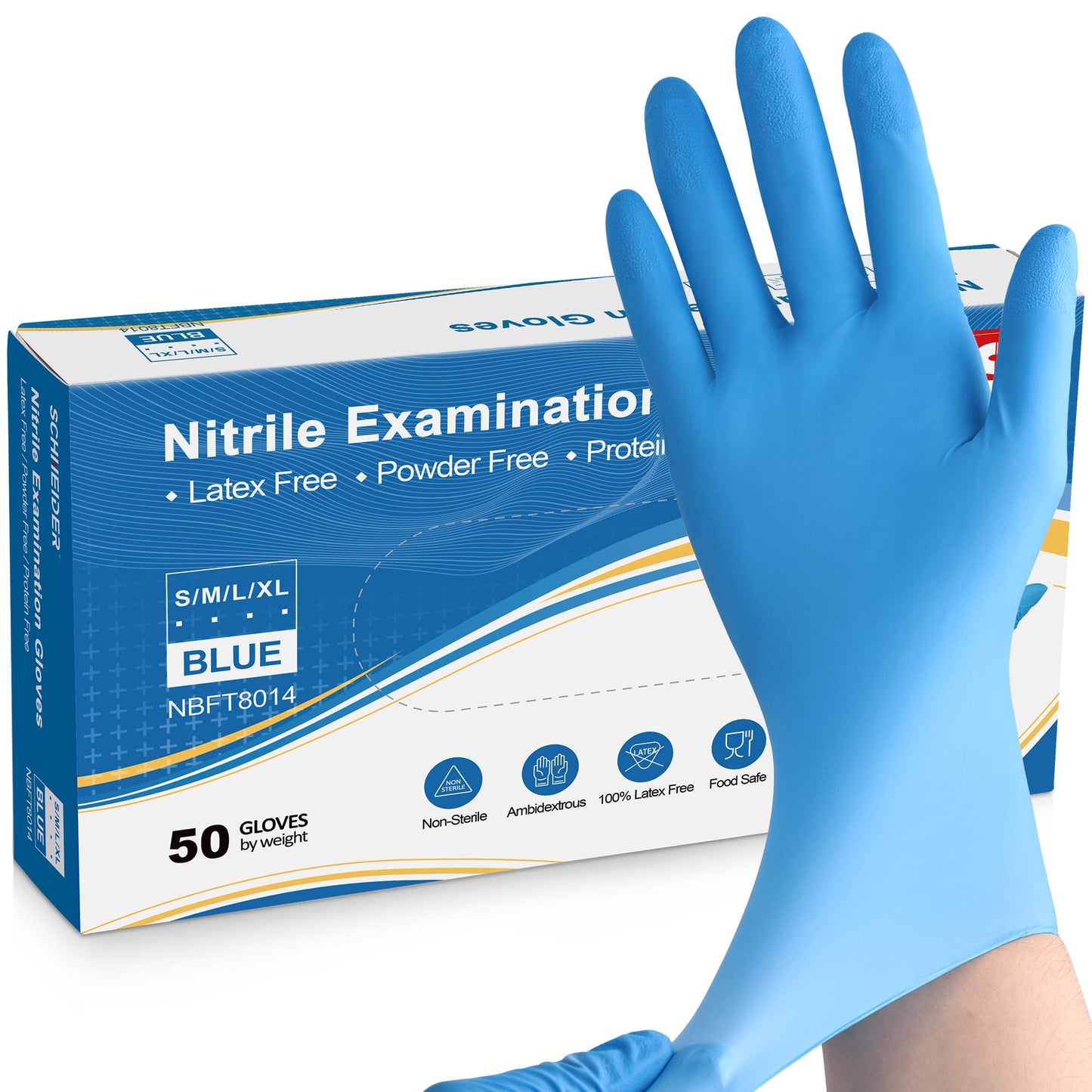 Schneider Nitrile Exam Gloves, 5 mil, XL, Box of 50, Heavy Duty Disposable Gloves, Textured, Latex Free, Food Safe, Industrial Gloves for Medical, Cleaning, Cooking, Blue