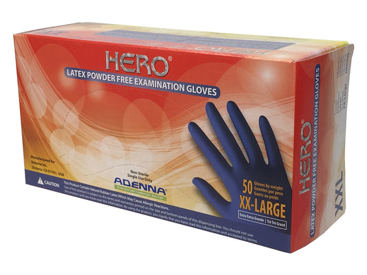 Adenna HER002 Hero 14 mil Powder-Free Latex Gloves, Extended Cuff, Medical Grade, Blue, Small, Box of 50