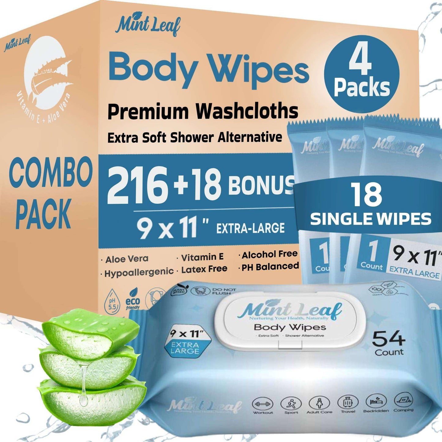 XL Deodorizing Body Wipes with Vitamin E Aloe Scent 9x11 | Thick Cleansing Natural Adult Shower Wipes | Hypoallergenic Washcloths Incontinence Camping Travel Gym | Combo Pack 216 + 18 Individual Wipes