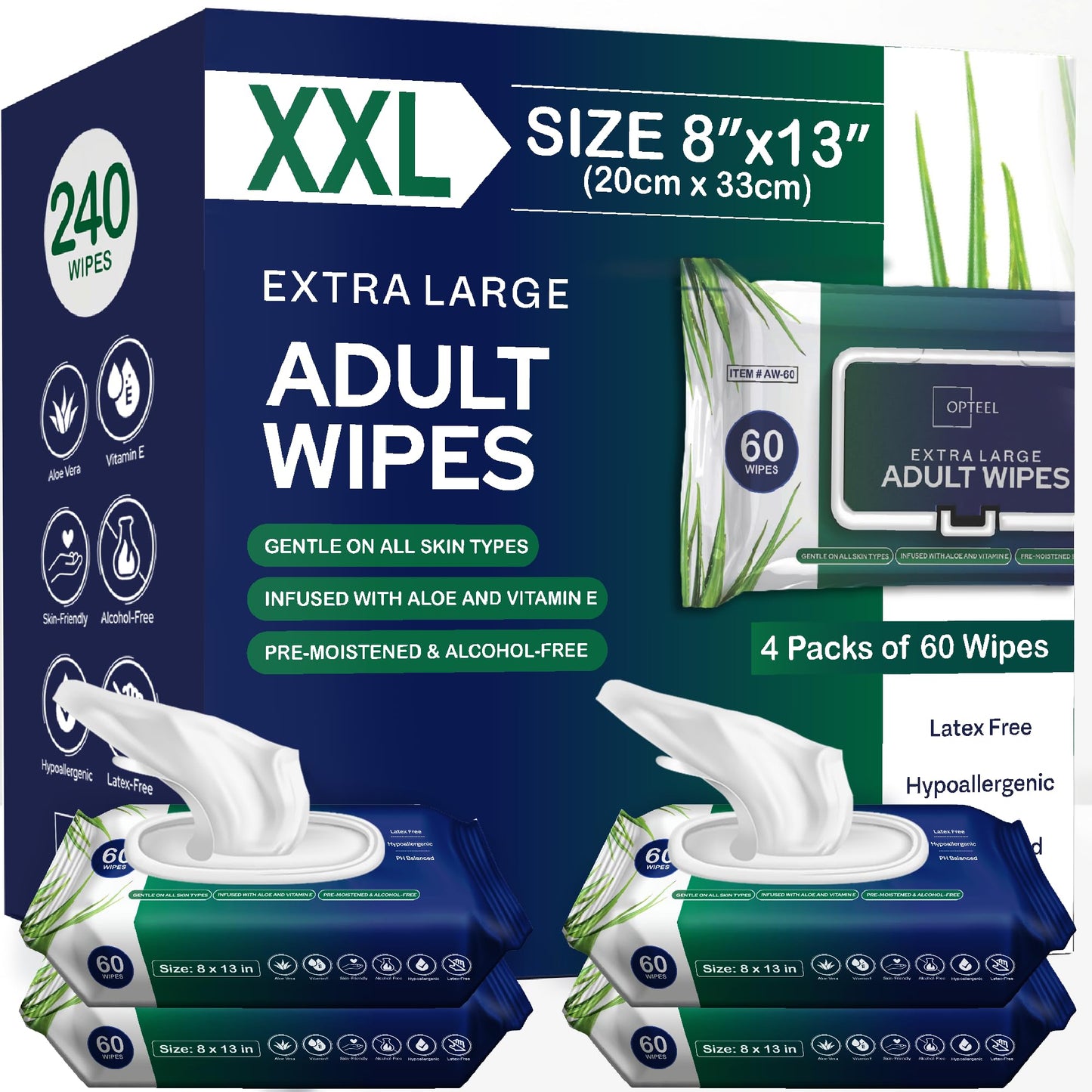 Adult Wipes For Elderly - 8"x13" 240ct (4 Packs of 60) Huge & Super Soft Body Wipes for Adults Bathing No-Rinse - Thick Incontinence Disposable Washcloths, Vitamin E & Aloe Infused Shower Wipes.