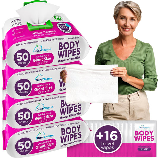 XL Bath Wipes for Adults Bathing No Rinse (4pk) - 200 Count + 8 16ravel Wipes - 9"x12" Disposable Washcloths for Adults - Surgery Recovery Supplies, Elderly Incontinence & Health Care Products