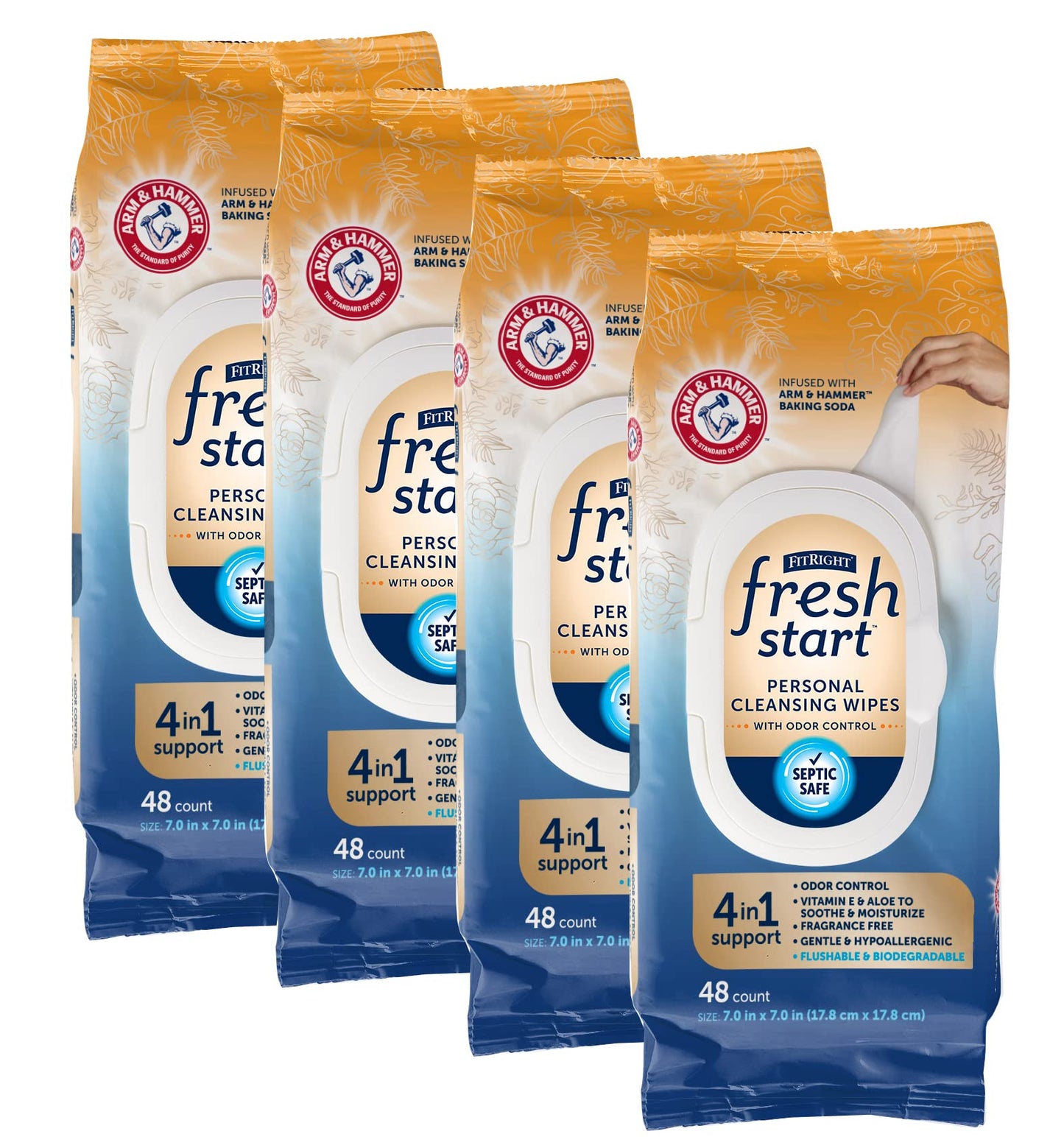 FitRight Fresh Start Flushable & Biodegradable Personal Cleansing Wipes, 48 Count, for Urinary Incontinence with the Odor-Control Power of ARM & HAMMER Baking Soda (Pack of 4)