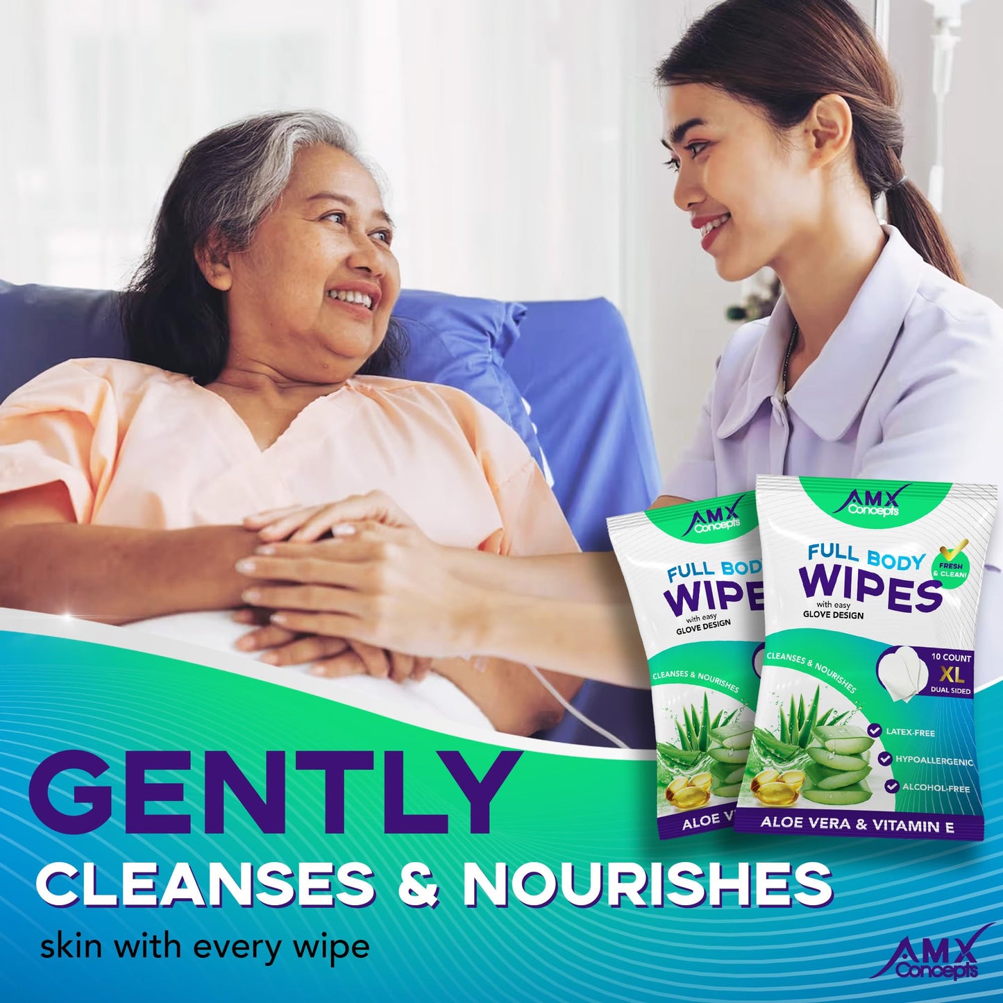 AMX Body Wipes - (10 Count) No Rinse Bathing Wipes for Elderly, Post Surgery, Bedridden, and Disabled Adults – XL Shower Wipes for Sponge Baths – Convenient, Disposable Glove Design, Used in Hospitals